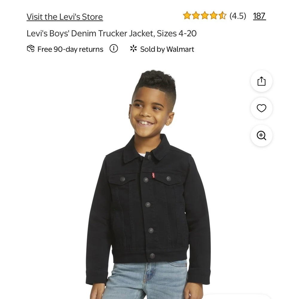 Levi's Boys Black Denim Trucker Jacket Size S 8-10 Years Stretch Cotton 912058